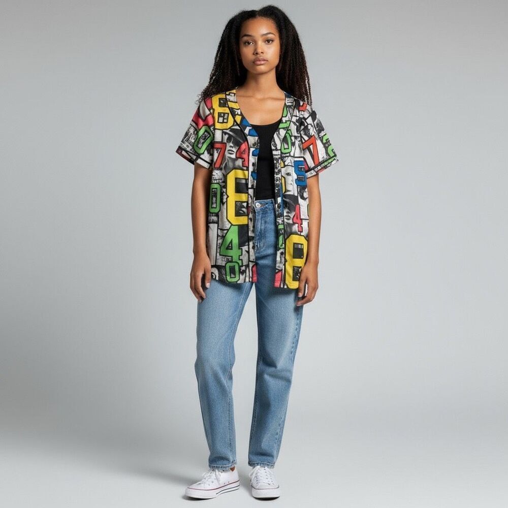 Graphic Multicolor Short sleeve Baseball style Jersey size M button down v neck
